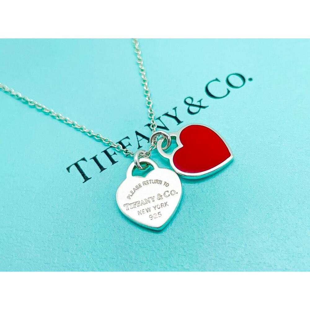 Tiffany & Co. Return Red Mini Double Heart Pendant Necklace 16-18" (ENGRAVED) - Picture 11 of 12